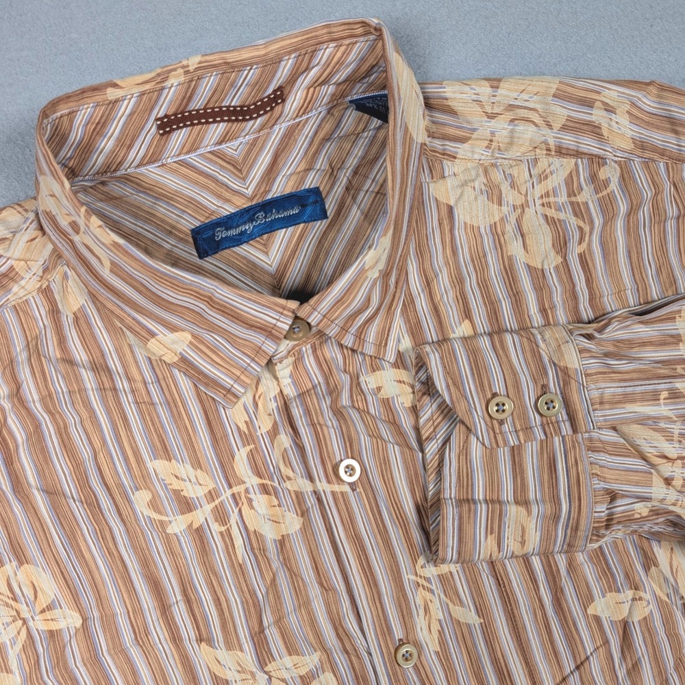 Tommy Bahama Button Down Mens XL Brown Striped‎ Floral Cotton Silk Long Sleeve